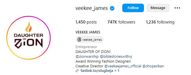 Veekee James' IG Profile
