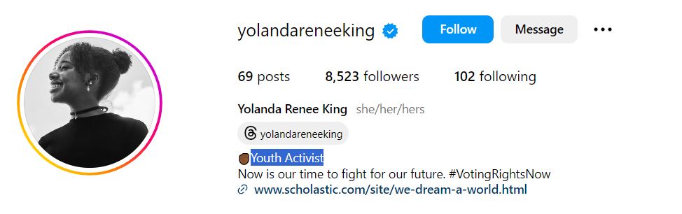Yolanda Renee King's Instagram account