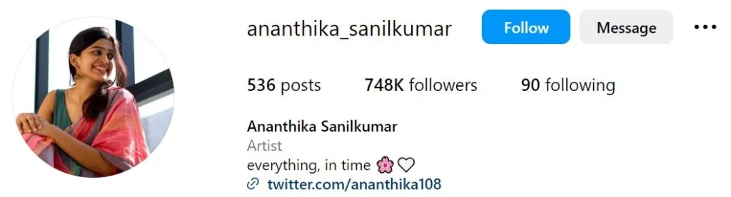 Ananthika Sanilkumar's Instagram account