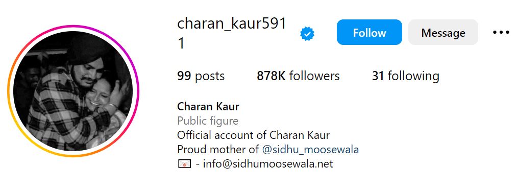 Charan Kaur's Instagram account