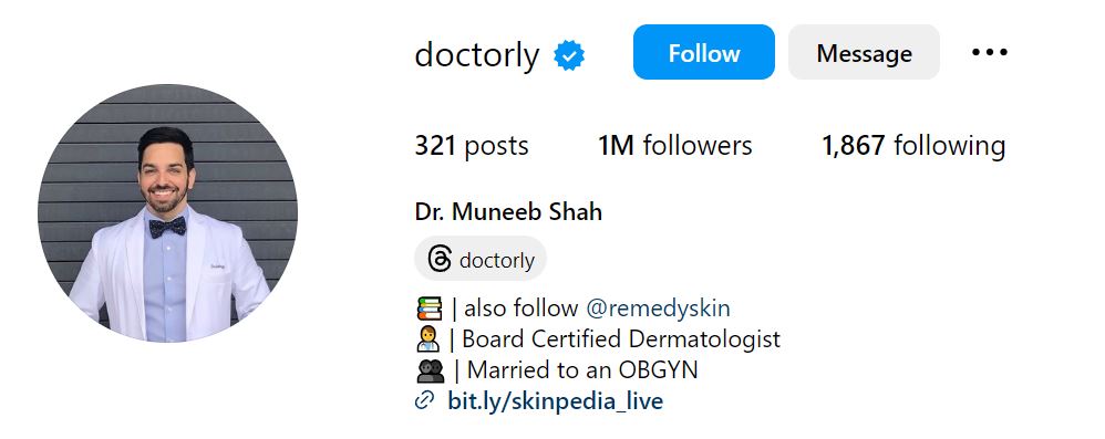 Dermatologist, Dr. Muneeb Shah's IG profile