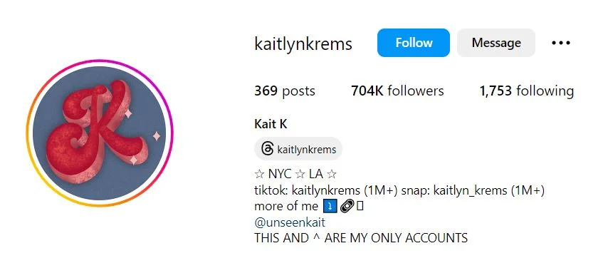 Kaitlyn Krems' Instagram account