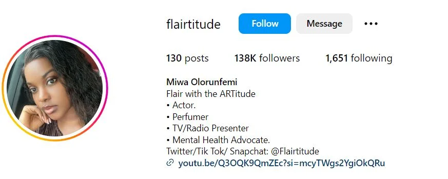 Miwa Olorunfemi's Instagram account