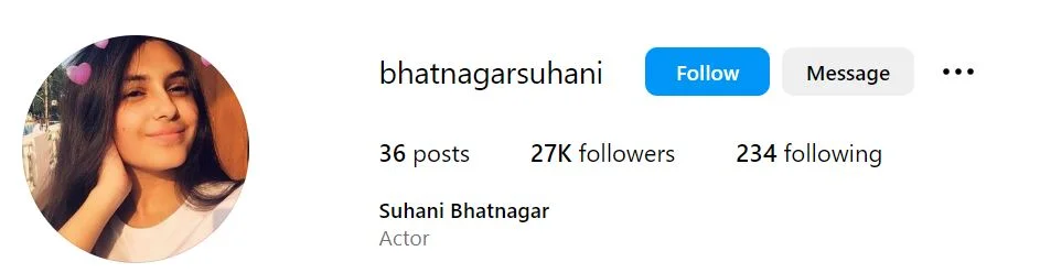 Suhani Bhatnagar's Instagram account